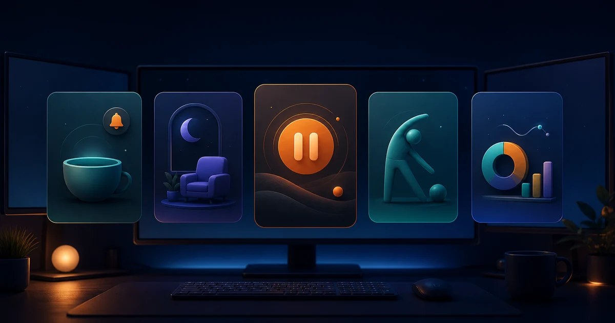 Five abstract cards representing different types of break reminder apps