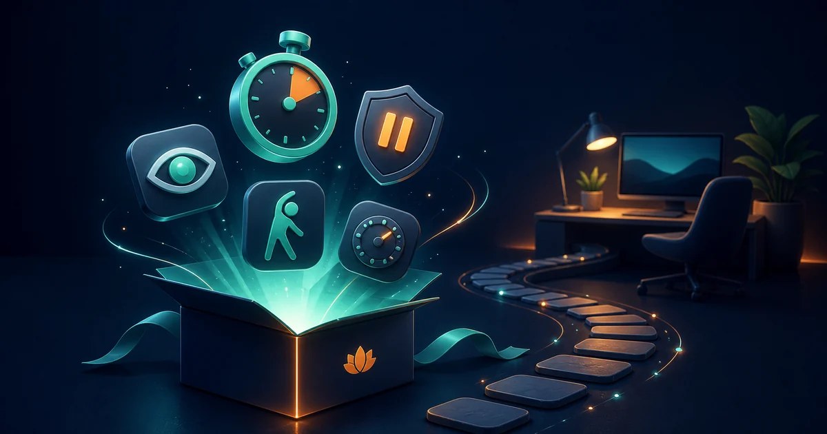 Timer, pause, eye rest and stretch tools emerging from an open box