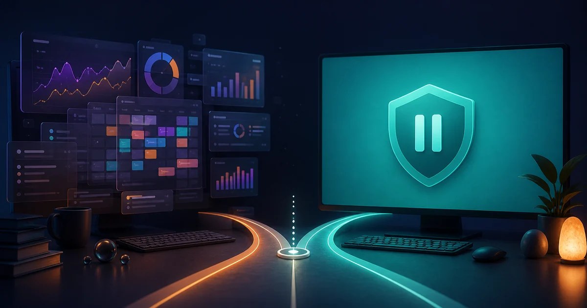 Analytics dashboards on one side and a protected pause screen on the other